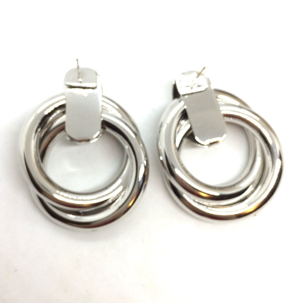 VINTAGE 80S 90S LARGE HOOP EARRINGS DOUBLE CIRCLES SILVER TONE STATEMENT - Picture 9 of 13